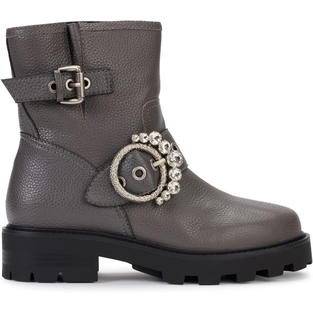 Gray Leather Moto Ankle Boots